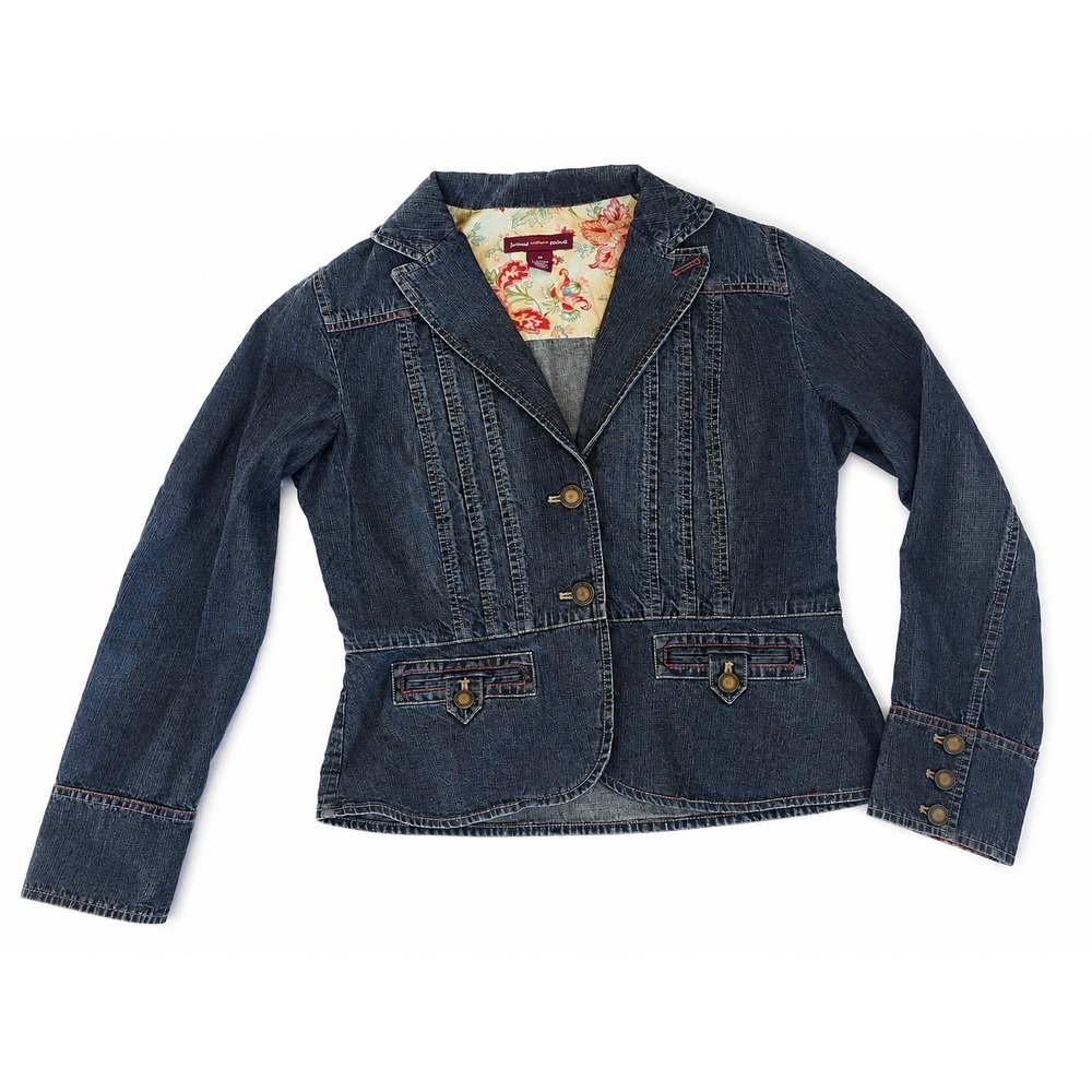 Jones Wear Jeans Size 12 Dark Wash Denim Blazer Floral Lined Cotton Jacket